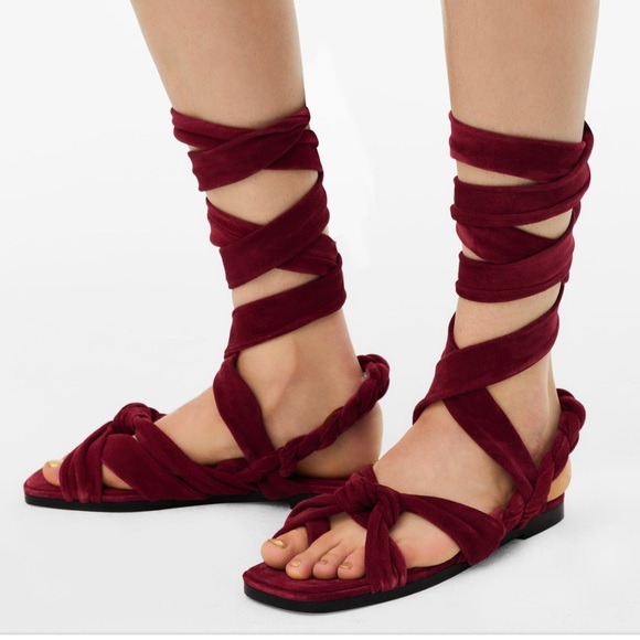 ZARA Tied Flat Leather Sandals - Burgundy Red - Picture 3 of 5
